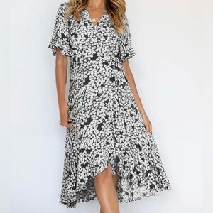 Black & White Floral Wrap Midi Dress